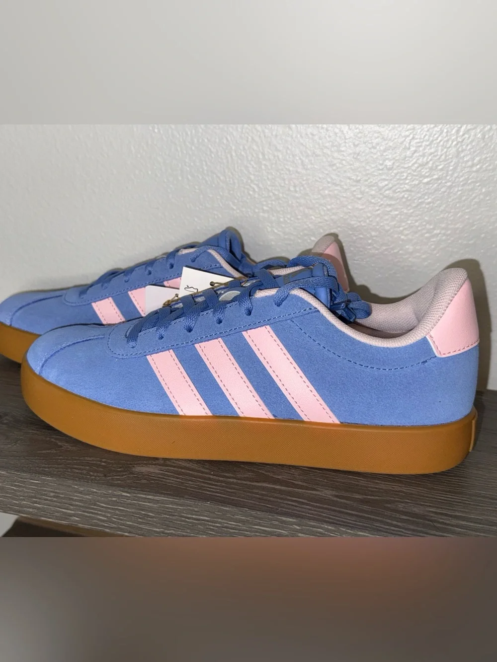 adidas VL Court 3.0 Blue Suede Sneakers w/ Pink Stripes & Gum Sole, Size 5Y NWT